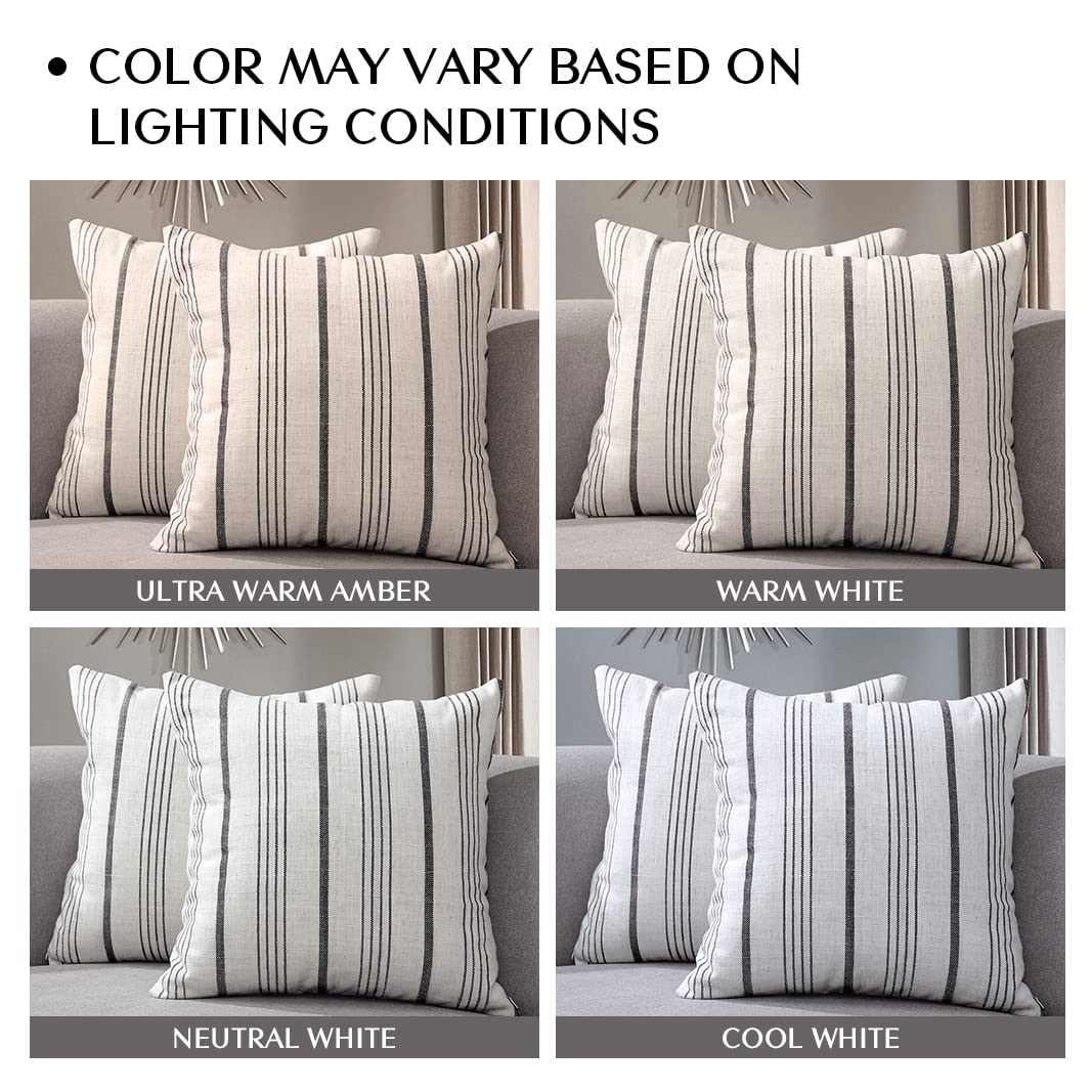 Sunlit Decorative Farmhouse Throw Pillow Case, Set of 2 Cream/Off-White with Black Stripes Modern Accent Square Pillow Cover, 22" x 22", Textured Linen Throw Cushion Covers for Couch Chair Bedroom