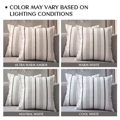 Sunlit Decorative Farmhouse Throw Pillow Case, Set of 2 Cream/Off-White with Black Stripes Modern Accent Square Pillow Cover, 22" x 22", Textured Linen Throw Cushion Covers for Couch Chair Bedroom