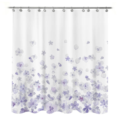 Sunlit Design Simple Style Blue and Gray Flower Blossoms Fabric Shower Curtains for Bathroom Decor with White Background, Machine Washable