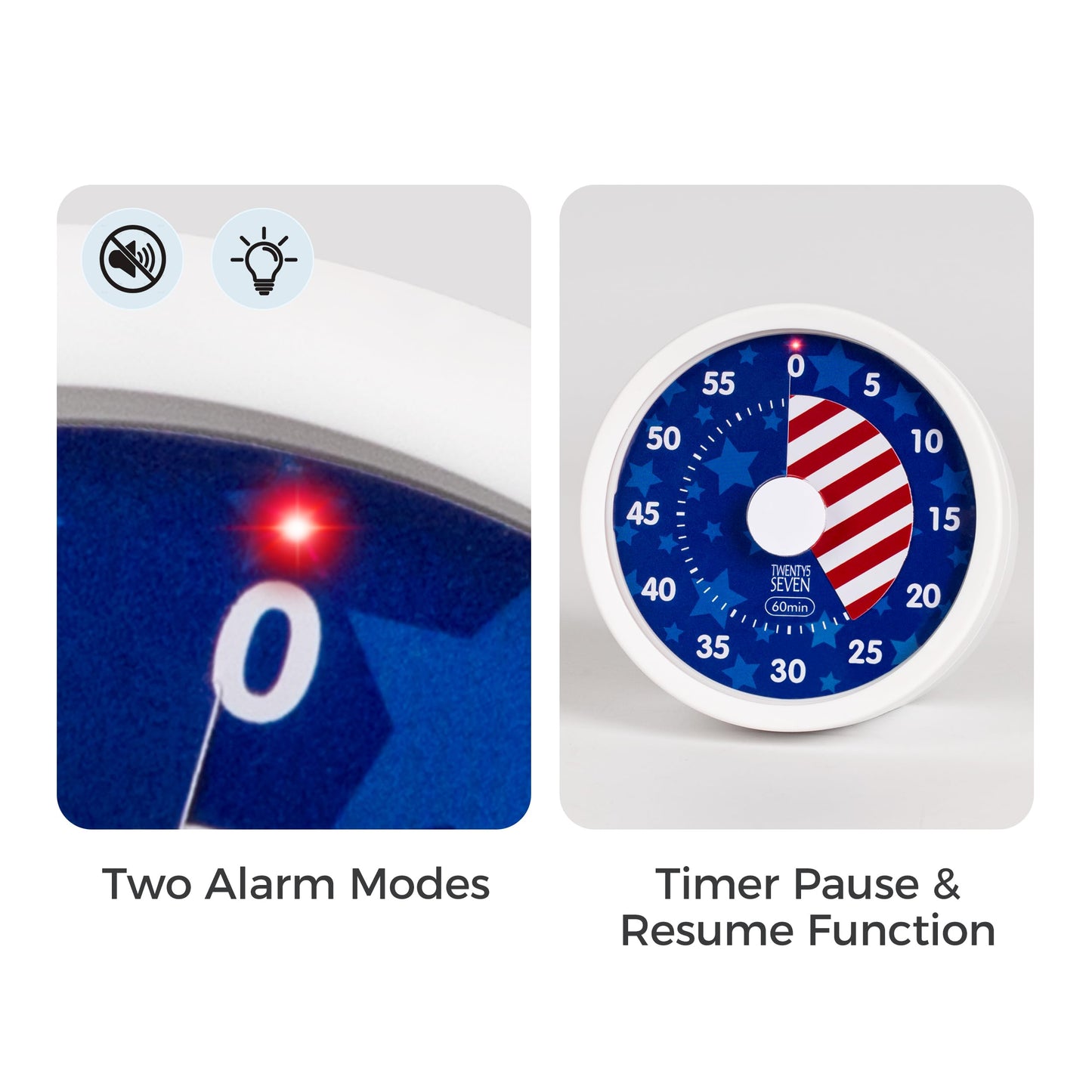 TWENTY5 SEVEN Countdown Timer 3 inch, Silent 60 Minute 1 Hour Visual Timer with Pause Function, Magnetic Classroom Teaching Tool Office Meeting, Countdown Clock for Kids Time Management, Blue Stars