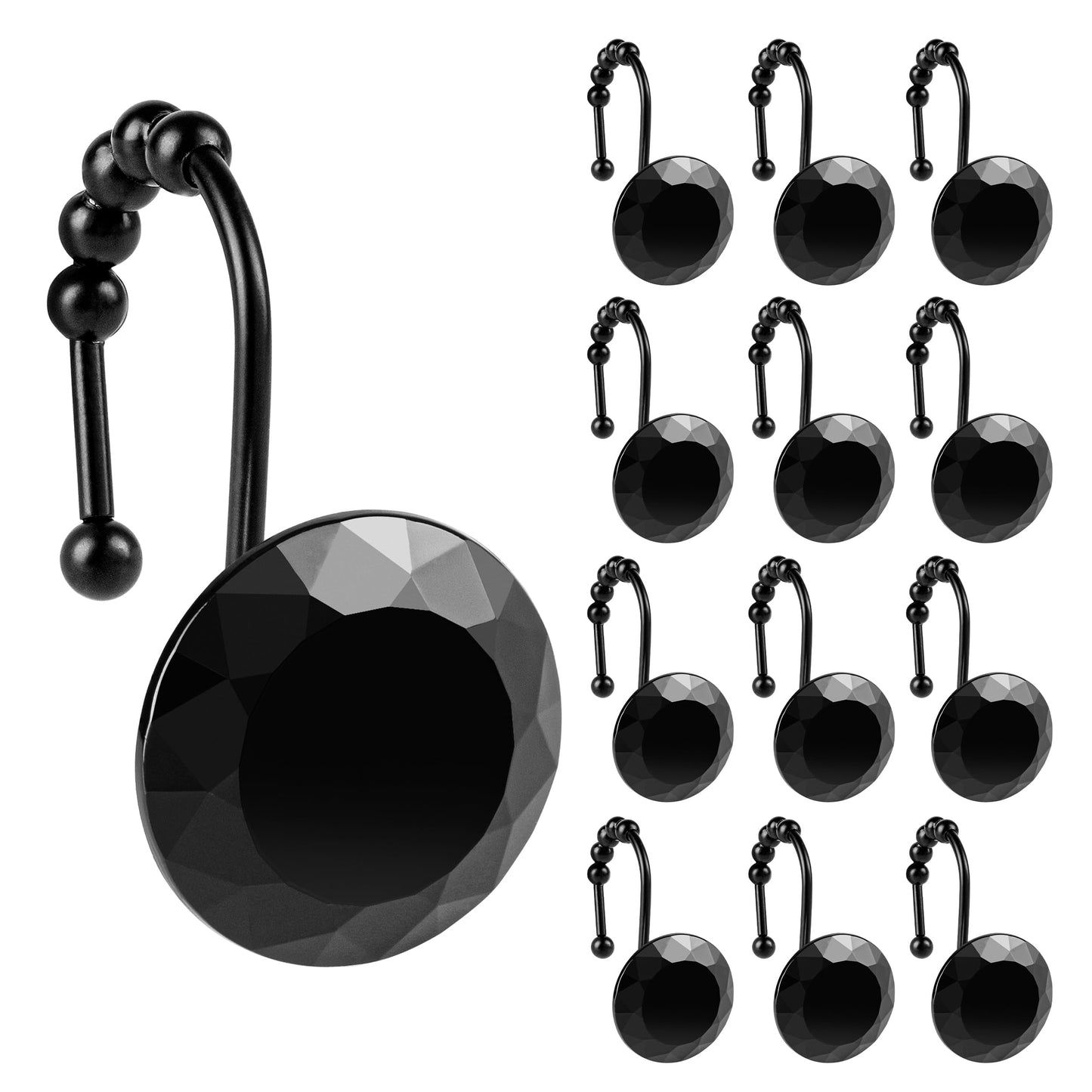 Sunlit Luxury Design Round Yellow Diamond Crystal Gem Bling with Glide Balls Shower Curtain Hooks, Rust Proof Metal Rhinestones Glam Shower Curtain Rings-12 Pack