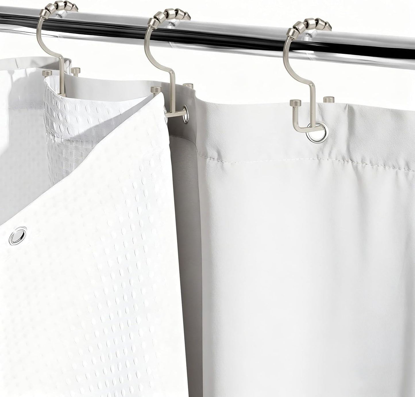 Sunlit Satin Nickel Double Shower Curtain Hooks, Home Decorative Shower Curtain Rings for Bathroom, Metal, Double Glide Shower Curtain Hanger Hooks for Living Room, Set of 12