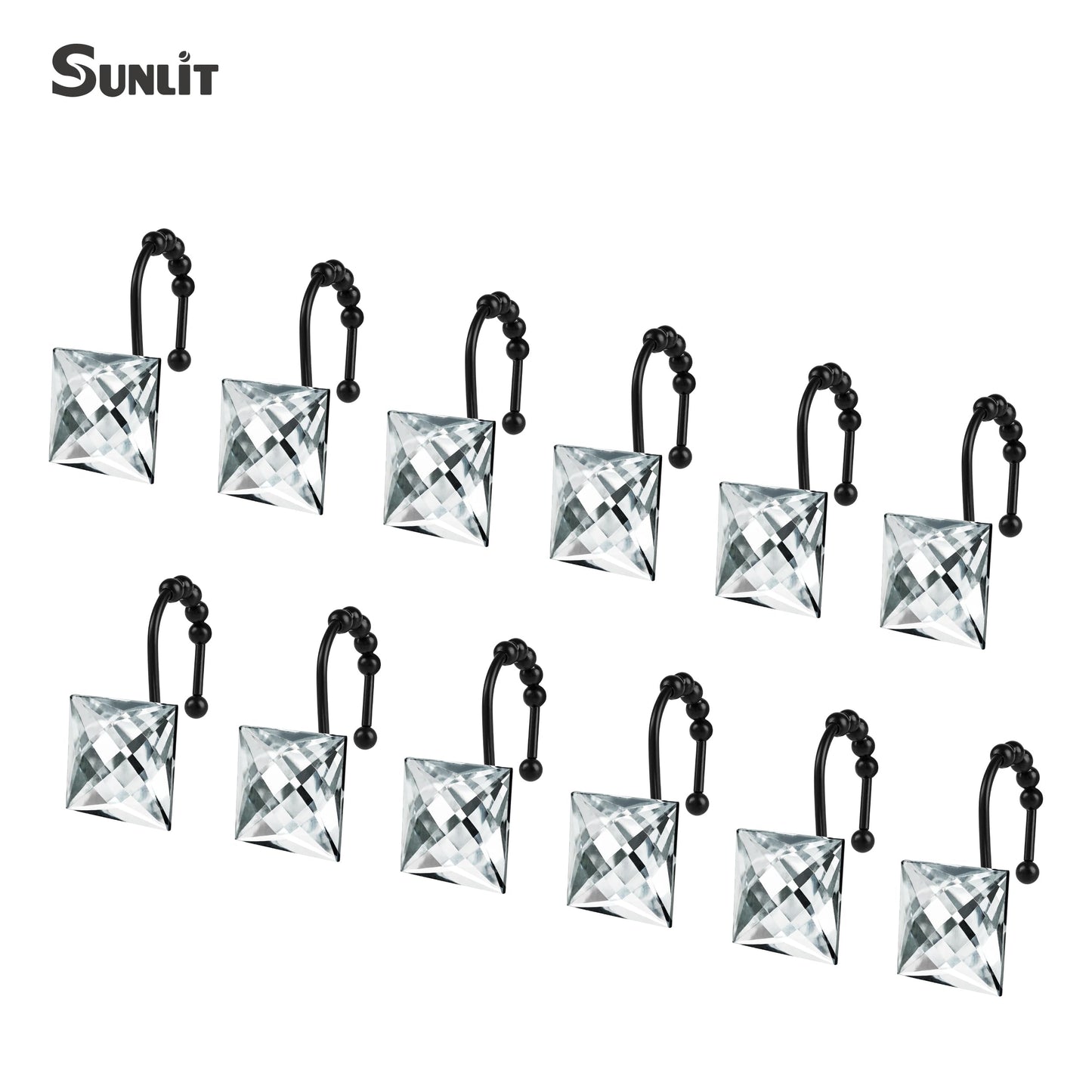 Sunlit Square Rhinestone Shower Curtain Hooks with Glide Balls, 12 Pack