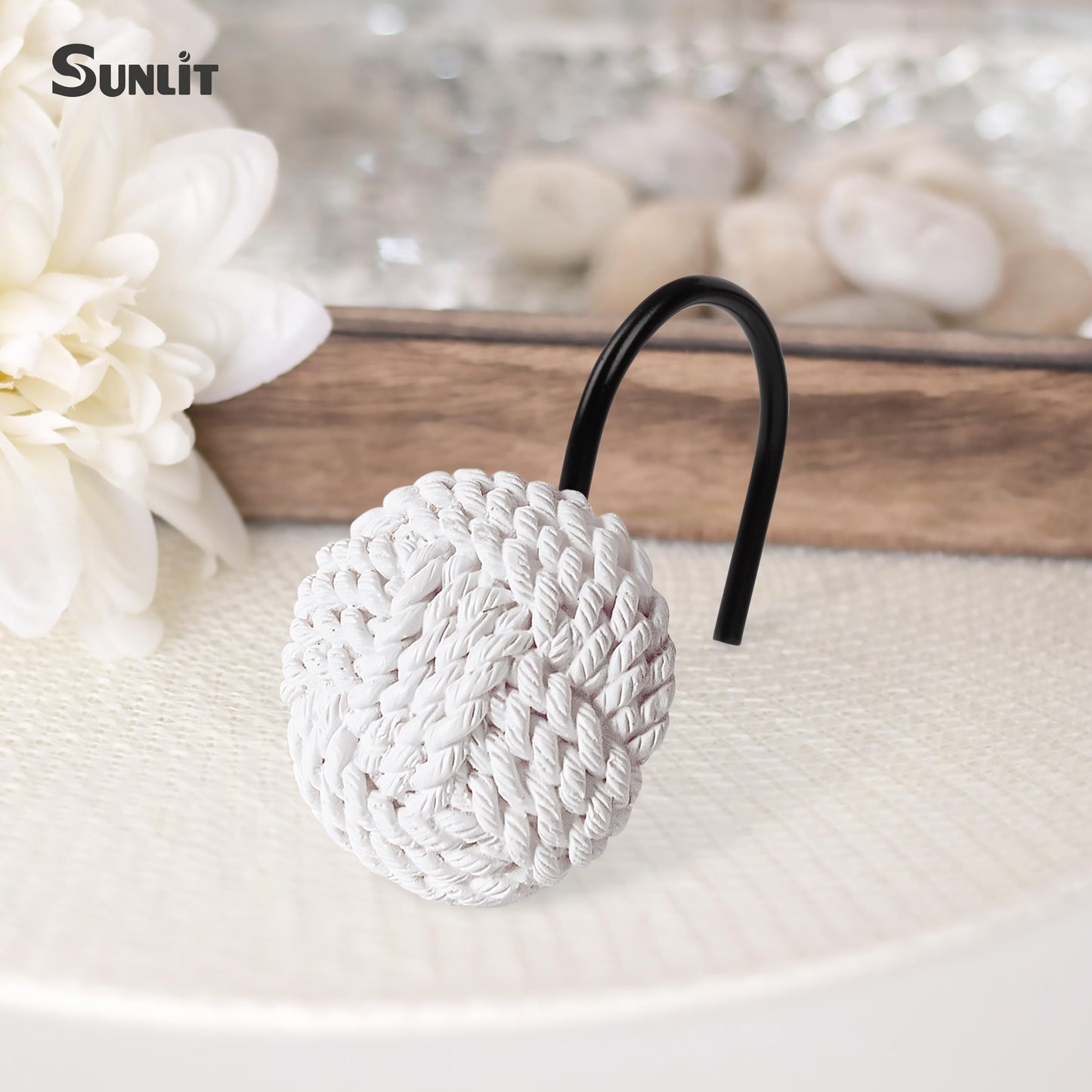 Sunlit Boho Knots Double Shower Curtain Hooks, Home Decorative White Shower Curtain Rings for Bathroom, Seaside Nautical Shower Curtain Hangers Bathroom Accessories, Set of 12