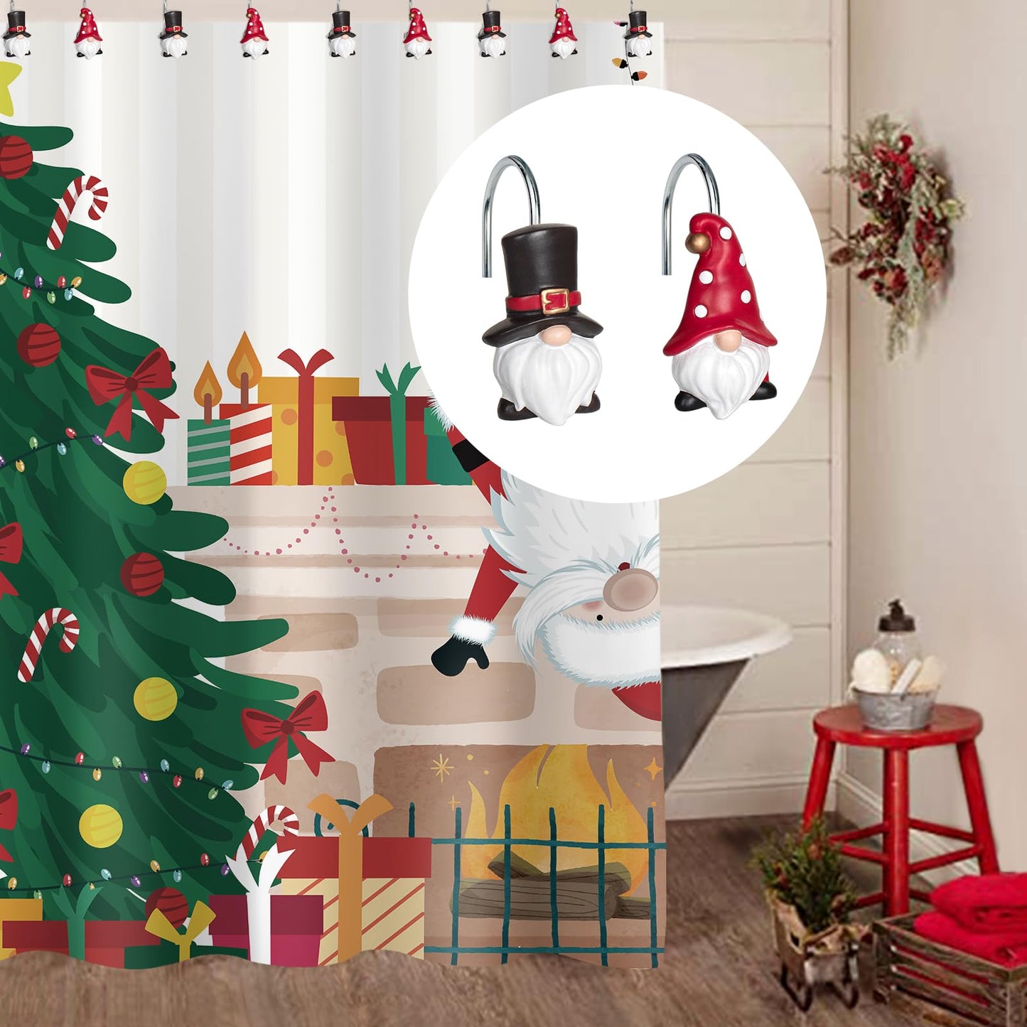 Sunlit Christmas Shower Curtain Hooks, Gnome Shower Curtain Rings, Hand Painted Resin Christmas Decor, Winter Bathroom Decoration, Red Hat with White Polka Dot, Set of 12