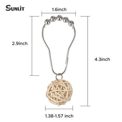 Sunlit Boho Decorative Rattan Balls Shower Curtain Hooks, Wicker Orbs Shower Curtain Rings for Bathroom, Farmhouse Shower Curtain Hangers Bathroom Accessories, Set of 12, Brown