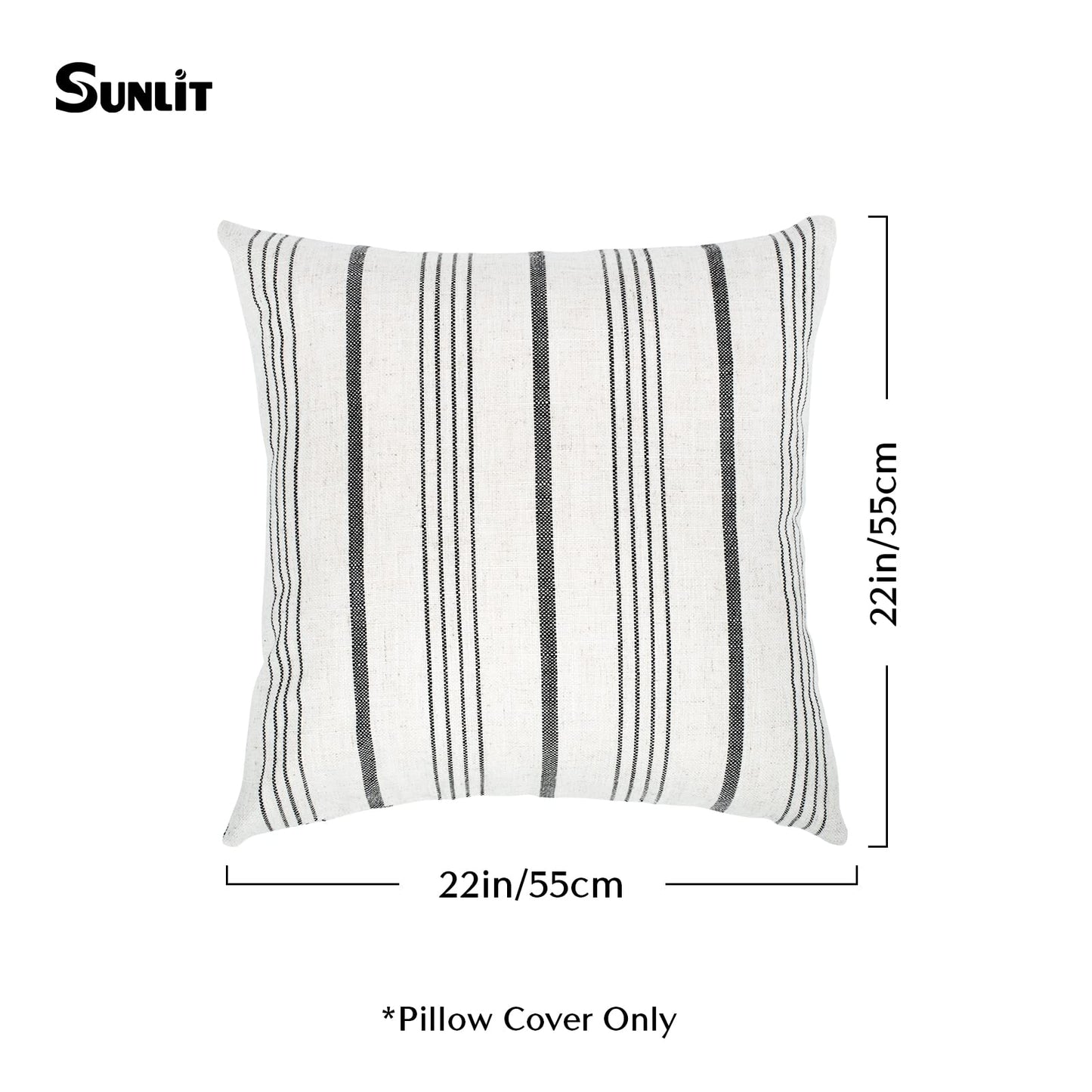 Sunlit Decorative Farmhouse Throw Pillow Case, Set of 2 Cream/Off-White with Black Stripes Modern Accent Square Pillow Cover, 22" x 22", Textured Linen Throw Cushion Covers for Couch Chair Bedroom