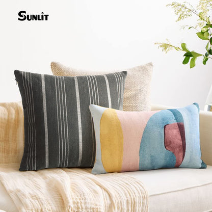 Sunlit Decorative Farmhouse Throw Pillow Case, Set of 2 Cream/Off-White with Black Stripes Modern Accent Square Pillow Cover, 22" x 22", Textured Linen Throw Cushion Covers for Couch Chair Bedroom