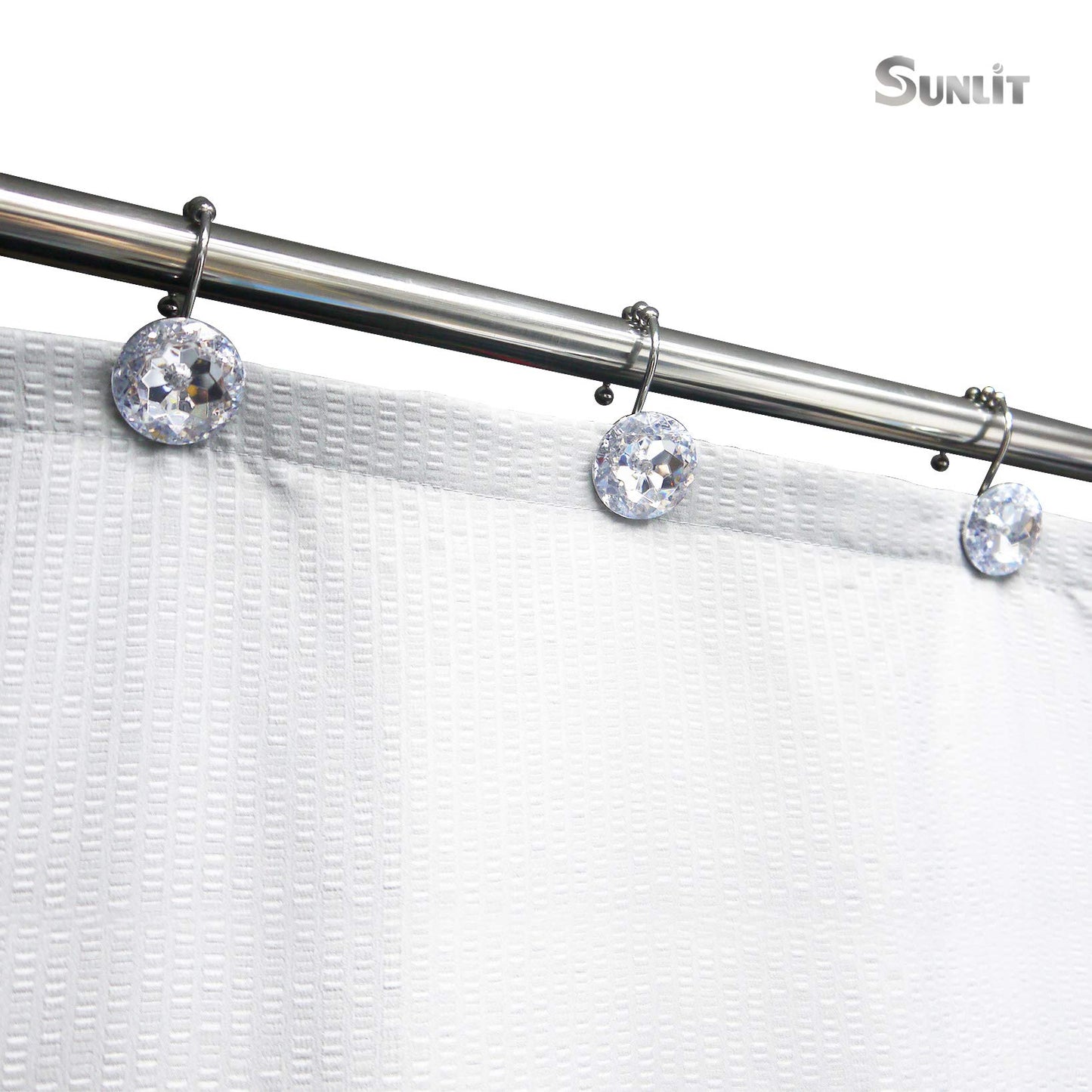 Sunlit Luxury Design Round Clear Diamond Crystal Gem Bling with Glide Balls Double Shower Curtain Hooks, Rust Proof Metal Rhinestones Glam Shower Curtain Rings-12 Pack