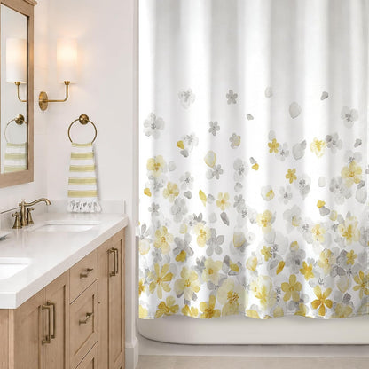 Sunlit Floral Fabric Shower Curtain, Design Simple Style Yellow and Gray Flower Blossoms Shower Curtains for Bathroom Decor with White Background, Machine Washable, 72x72