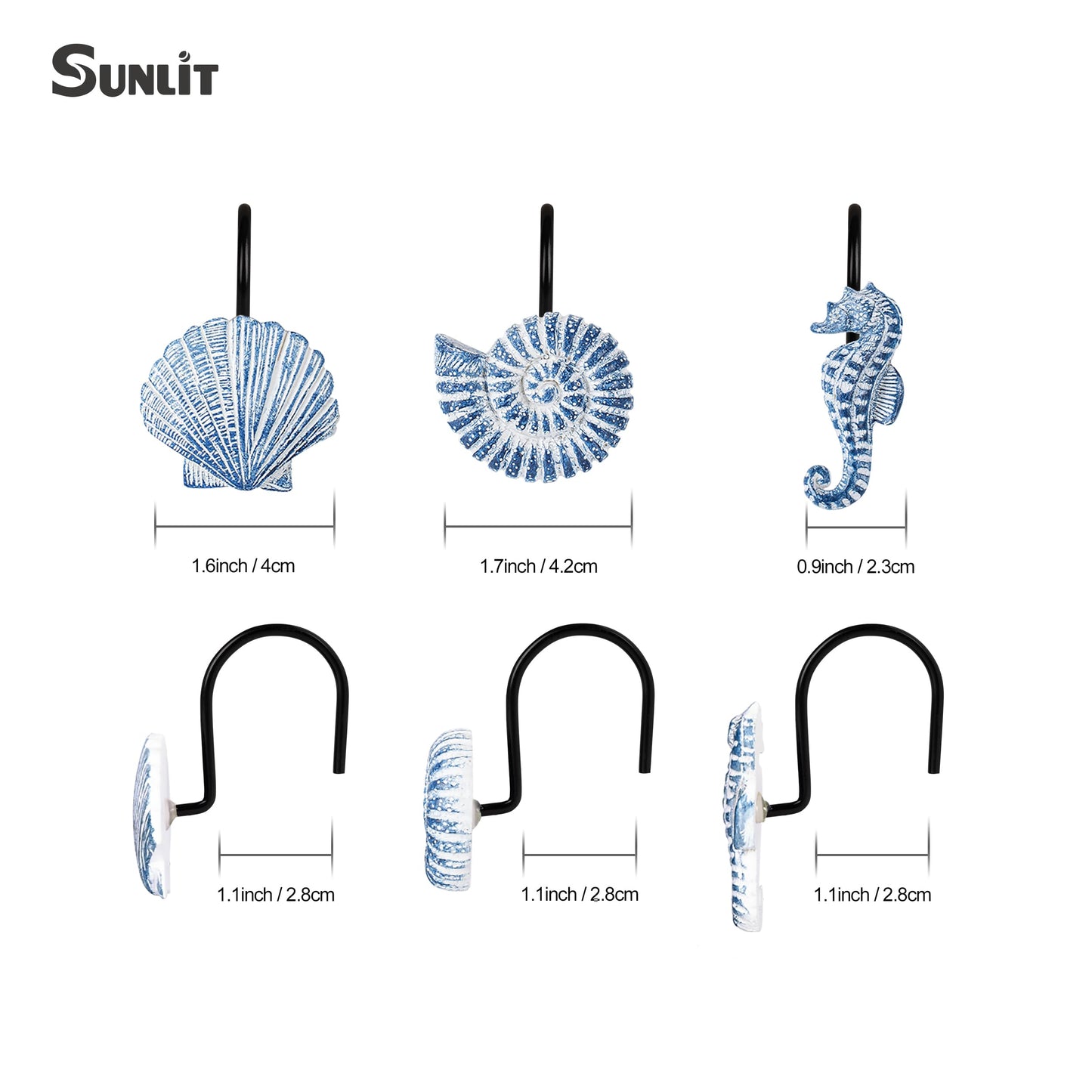 Sunlit Seashells Decorative Shower Curtain Hooks, Aqua Blue Ocean Creatures Coastal Shower Curtain Rings with Black Hooks, Resin, Nautical Bathroom Decoration Beach Shower Curtain Hooks, Set of 12