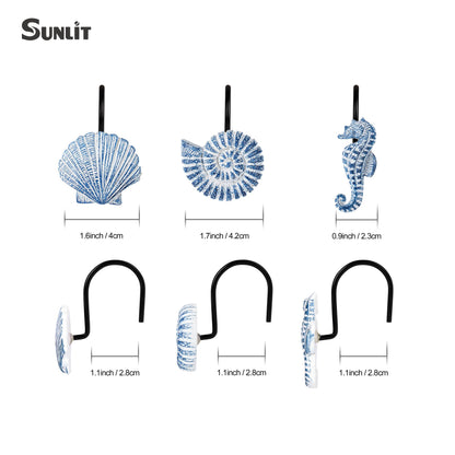 Sunlit Seashells Decorative Shower Curtain Hooks, Aqua Blue Ocean Creatures Coastal Shower Curtain Rings with Black Hooks, Resin, Nautical Bathroom Decoration Beach Shower Curtain Hooks, Set of 12
