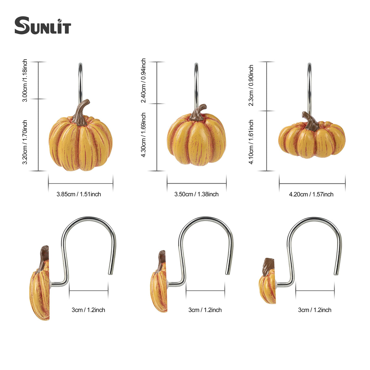 Sunlit Fall Pumpkin Decorative Shower Curtain Hooks, Autumn Harvest Festival Shower Curtain Rings, Resin Farmhouse Bathroom Curtain Hangers Decoration, Set of 12, Orange Blue White