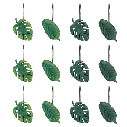 Tropical Leaf Decorative Shower Curtain Hooks Green Botanical Shower Curtain Rings, Resin, Monstera Deliciosa Leaves Shower Curtain Hangers for Bathroom, Set of 12