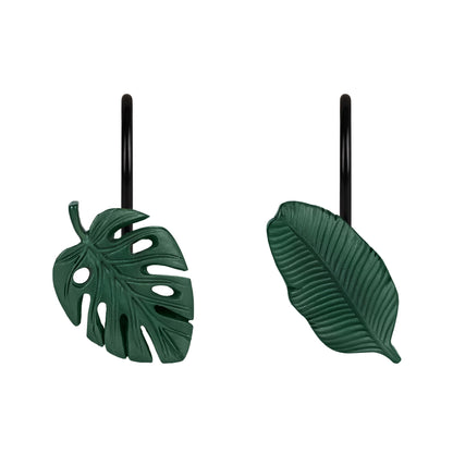 Tropical Leaf Decorative Shower Curtain Hooks, Green Botanical Shower Curtain Rings with Black Hooks, Resin, Monstera Deliciosa Leaves Shower Curtain Hangers for Bathroom, Set of 12
