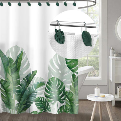 Tropical Leaf Decorative Shower Curtain Hooks, Green Botanical Shower Curtain Rings with Black Hooks, Resin, Monstera Deliciosa Leaves Shower Curtain Hangers for Bathroom, Set of 12