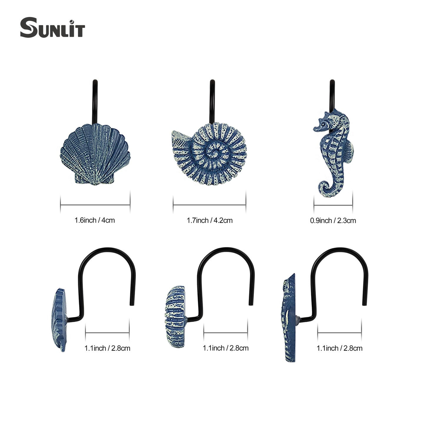 Sunlit Seashells Decorative Shower Curtain Hooks, Aqua Blue Ocean Creatures Coastal Shower Curtain Rings with Black Hooks, Resin, Nautical Bathroom Decoration Beach Shower Curtain Hooks, Set of 12