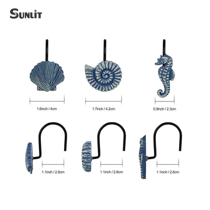 Sunlit Seashells Decorative Shower Curtain Hooks, Aqua Blue Ocean Creatures Coastal Shower Curtain Rings with Black Hooks, Resin, Nautical Bathroom Decoration Beach Shower Curtain Hooks, Set of 12
