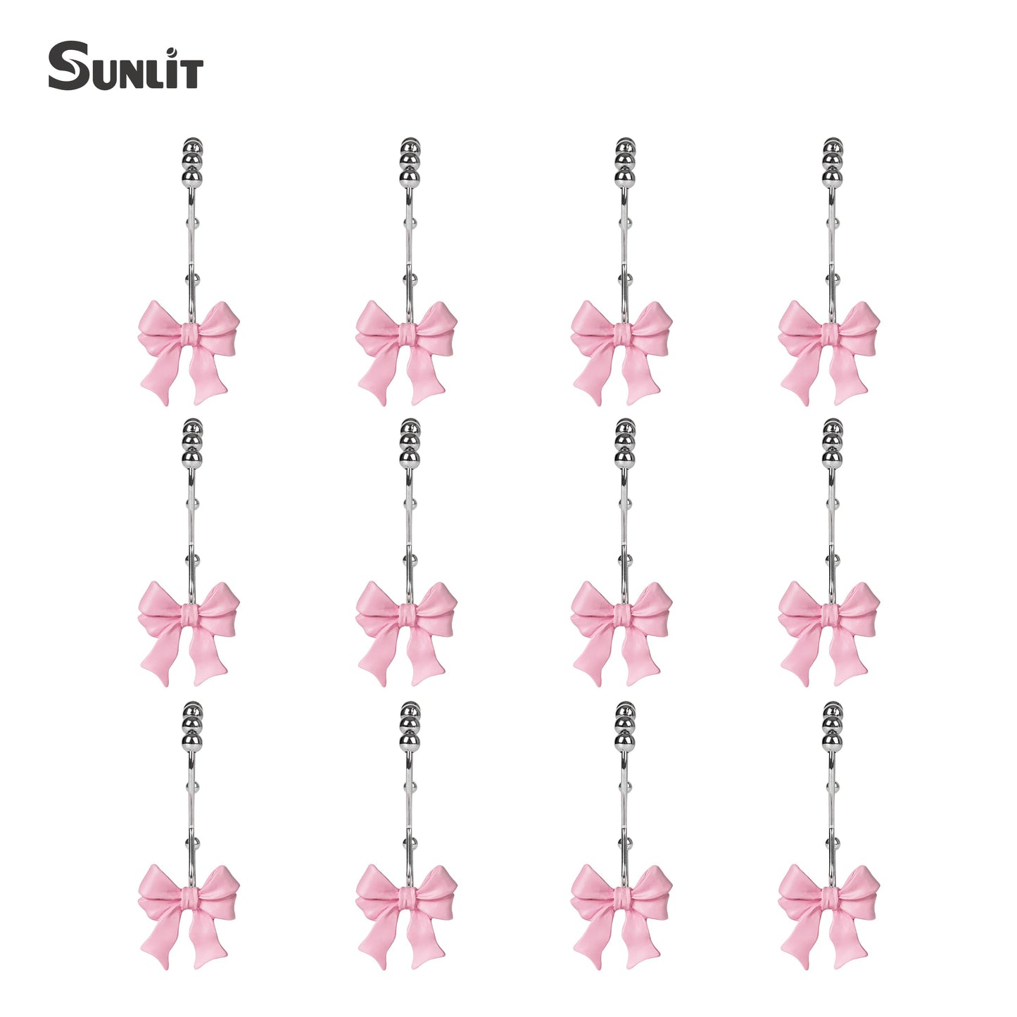 Sunlit Cute Bow Knot Shower Curtain Hooks, Home Decorative Shower Curtain Rings for Bathroom, Resin Shower Curtain Hangers Bathroom Accessories, Set of 12, Pink