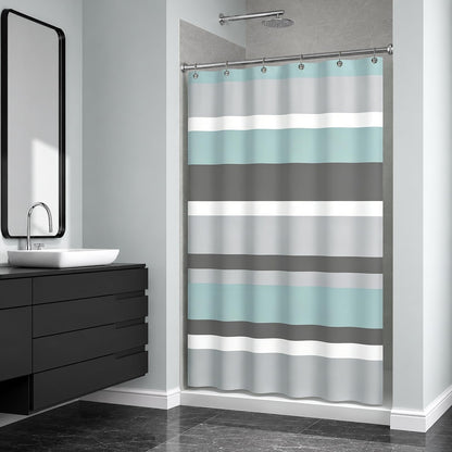 Sunlit Sage Green Gray Horizontal Stripes Water-Repellent Fabric Shower Curtain with Reinforced Metal Grommets Refreshing Striped Design Bathroom Decor, 72x72