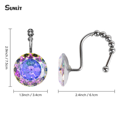 Sunlit Luxury Design Round Yellow Diamond Crystal Gem Bling with Glide Balls Shower Curtain Hooks, Rust Proof Metal Rhinestones Glam Shower Curtain Rings-12 Pack