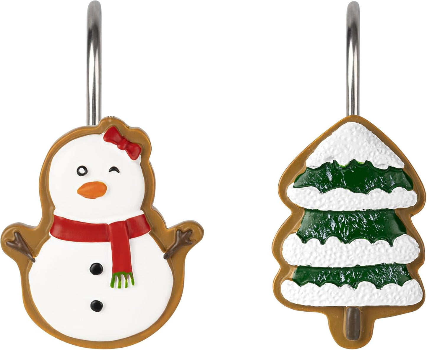 Sunlit Christmas Tree Snowman Decorative Shower Curtain Hooks, Green White Shower Curtain Rings, Resin, Xmas Theme Winter Holiday Bathroom Decoration, Set of 12
