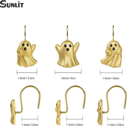 Sunlit Ghost Shower Curtain Hooks, Home Decorative Shower Curtain Rings for Bathroom, Halloween Shower Curtain Hangers Bathroom Accessories, Set of 12, Golden