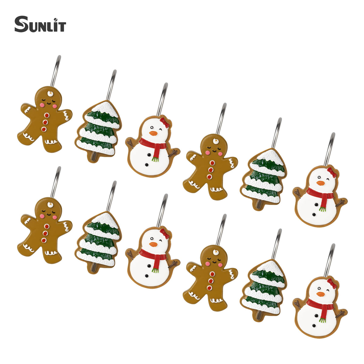 Sunlit Christmas Tree Snowman Decorative Shower Curtain Hooks, Green White Shower Curtain Rings, Resin, Xmas Theme Winter Holiday Bathroom Decoration, Set of 12