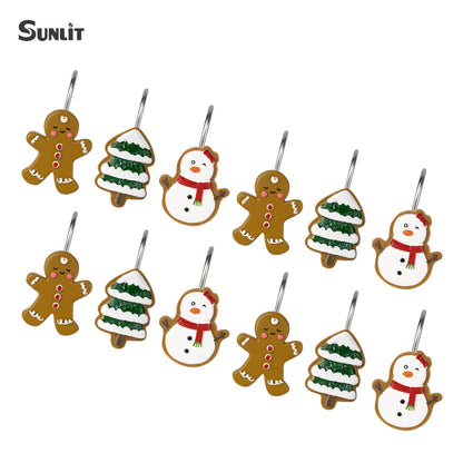 Sunlit Christmas Tree Snowman Decorative Shower Curtain Hooks, Green White Shower Curtain Rings, Resin, Xmas Theme Winter Holiday Bathroom Decoration, Set of 12