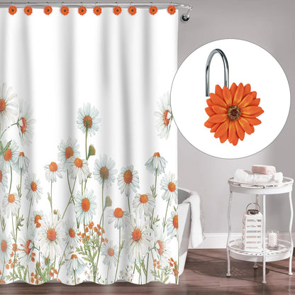 Sunlit Green Daisy Shower Curtain Hooks, Home Decorative Shower Curtain Rings for Bathroom, Resin, Summer Floral Shower Curtain Hanger Hooks for Living Room, Set of 12