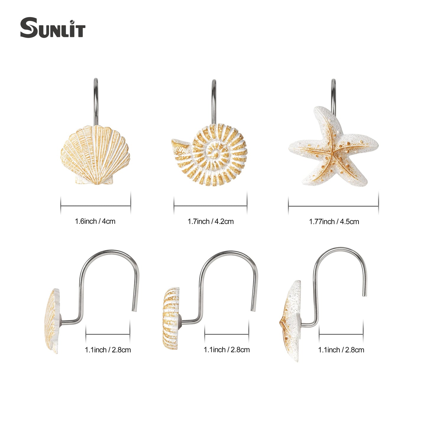 Sunlit Seashells Decorative Shower Curtain Hooks, Scallop Nautilus & Seahorse Shower Curtain Rings, Seashell Blush, Resin, Nautical Bathroom Decoration Beach Shower Curtain Hooks-12 Pack