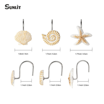 Sunlit Seashells Decorative Shower Curtain Hooks, Scallop Nautilus & Seahorse Shower Curtain Rings, Seashell Blush, Resin, Nautical Bathroom Decoration Beach Shower Curtain Hooks-12 Pack