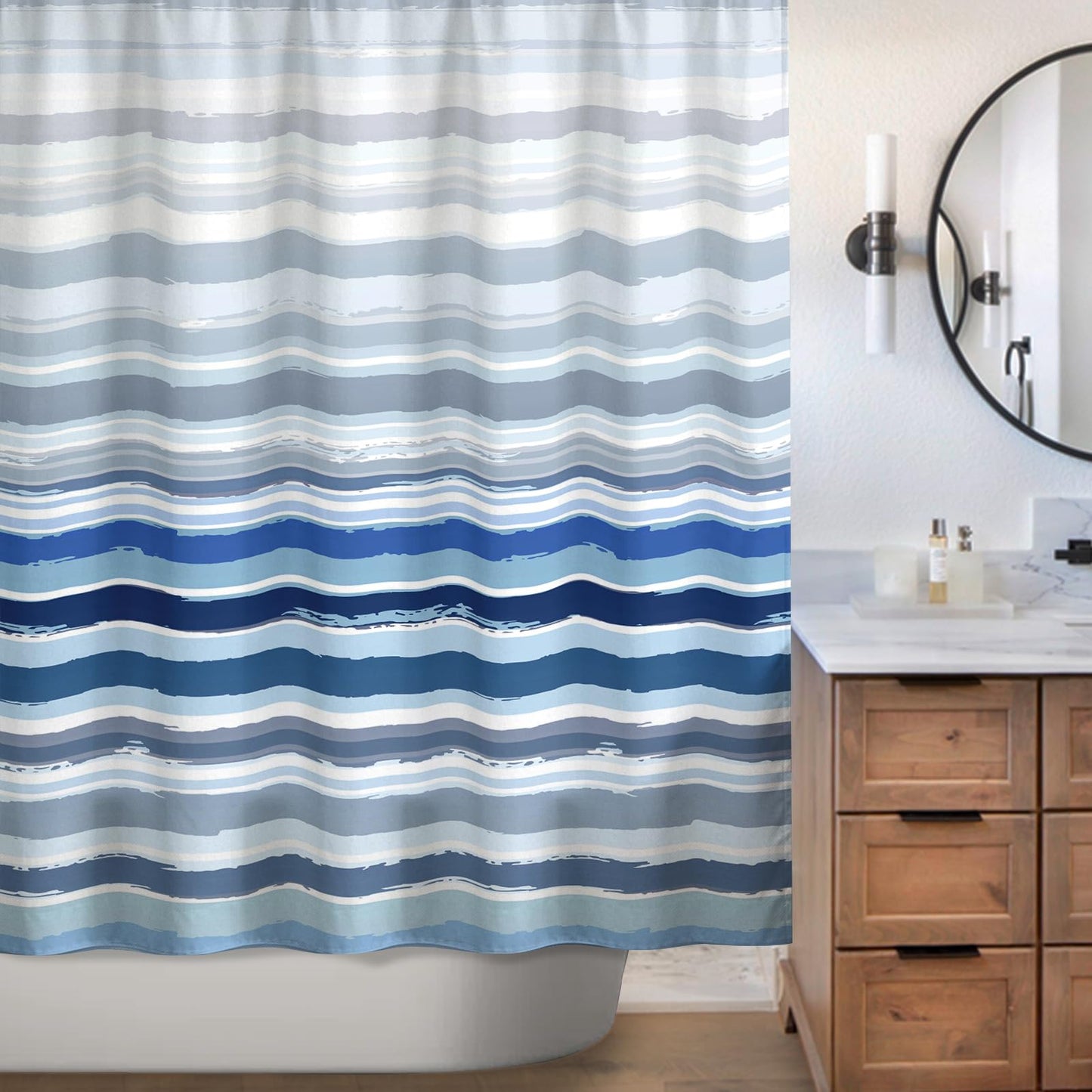 Sunlit Sunset Ombre Striped Shower Curtain, Blue and Orange Textured Slubbed Fabric Shower Curtain for Bathroom Decoration, Gradient Stripe Bathroom Curtain, 72x72
