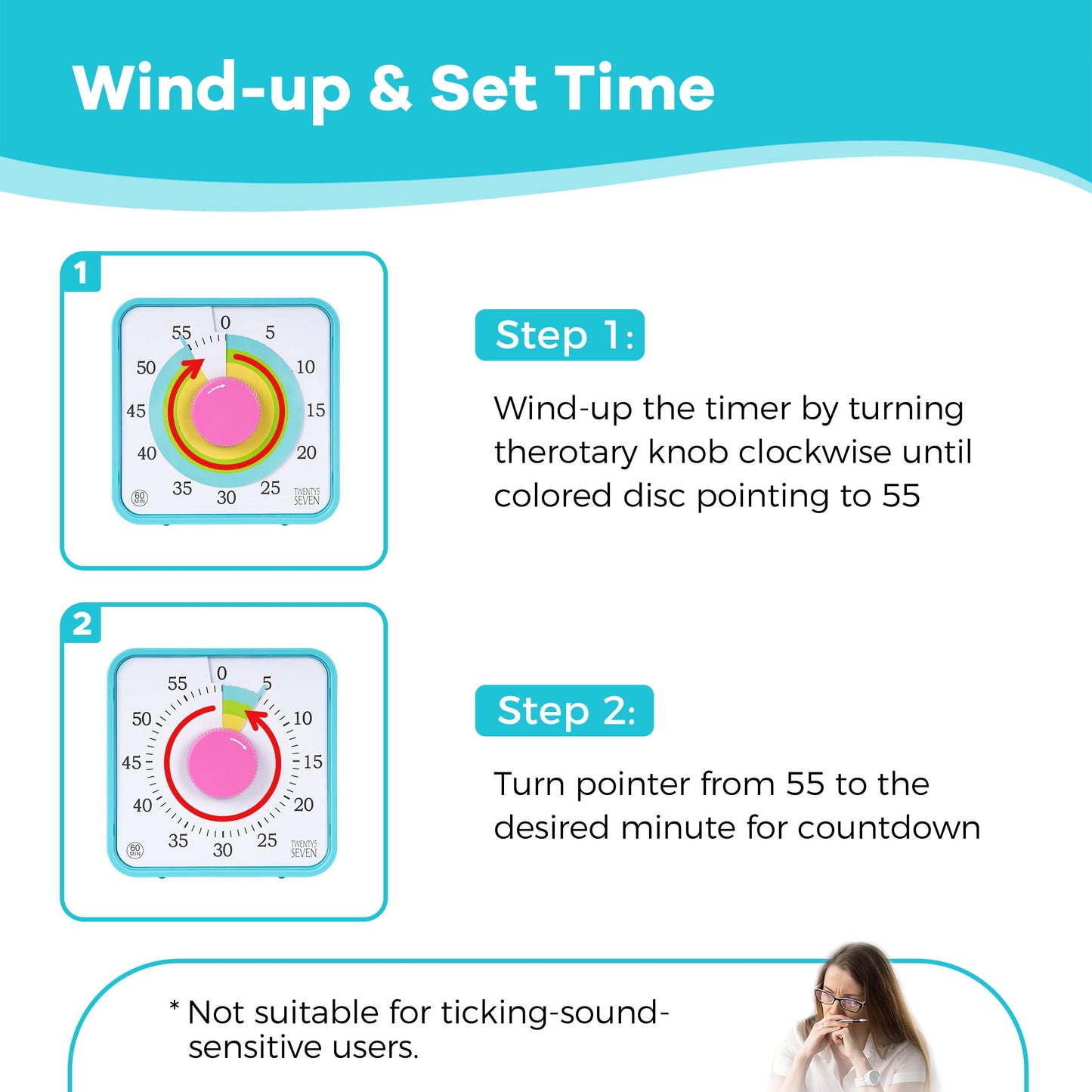 TWENTY5 SEVEN Countdown Timer 7.5 inch; 60 Minute 1 Hour Visual Timer – Classroom Teaching Tool Office Meeting, Mechanical Countdown Clock for Kids Exam Time Management Magnetic, Sky Blue