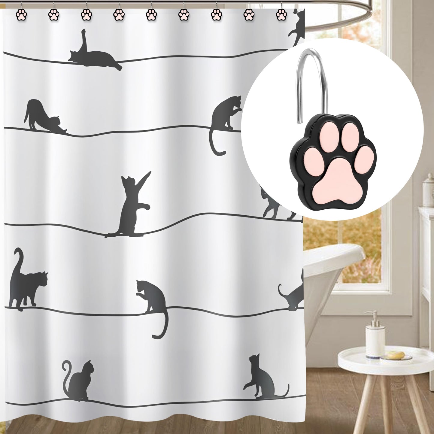 Sunlit Cute Paw Print Decorative Shower Curtain Hooks for Dog Cat Bear, Resin, Lovely Shower Curtain Rings for Kids, Bathroom Decoration Curtain, 12 Pack, Black and White