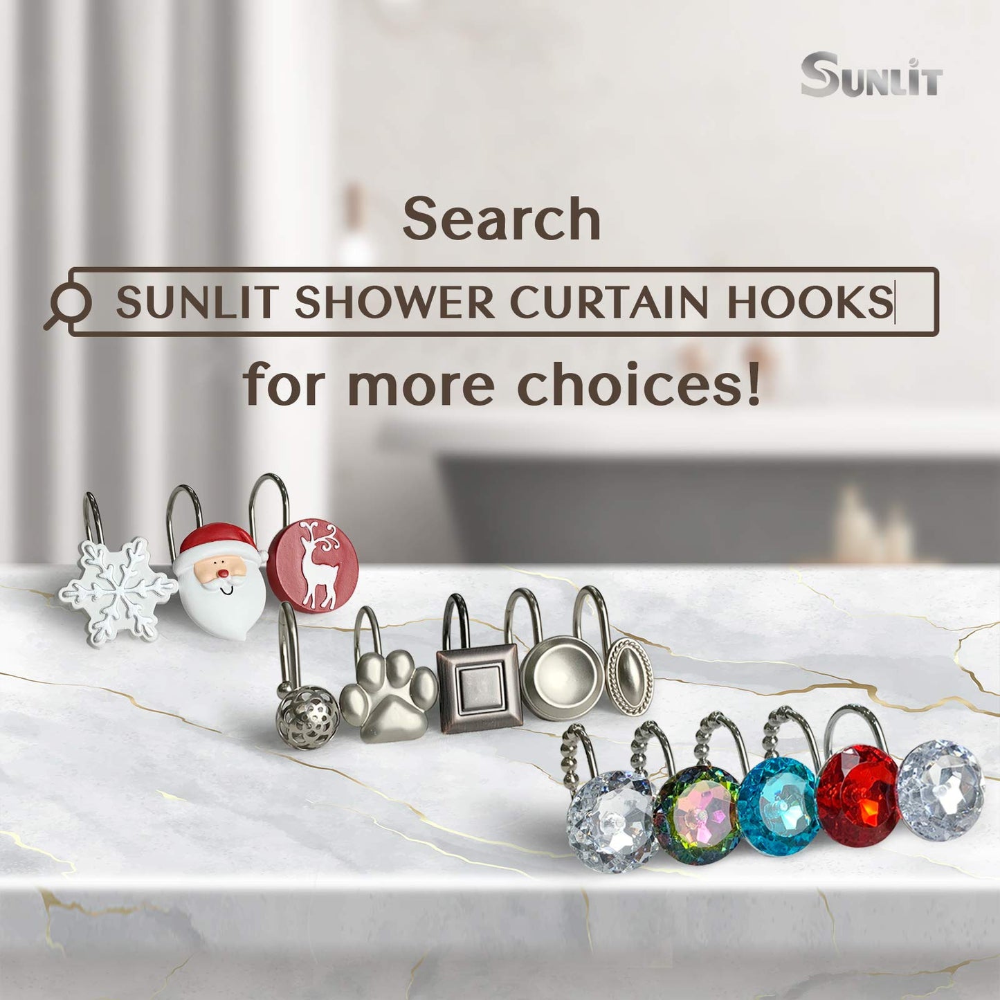 Sunlit Christmas Shower Curtain Hooks Winter Decorative Shower Curtain Rings, Silver Snowflakes and Reindeer, Resin, White Red Winter Bathroom Decoration - 12 Pack