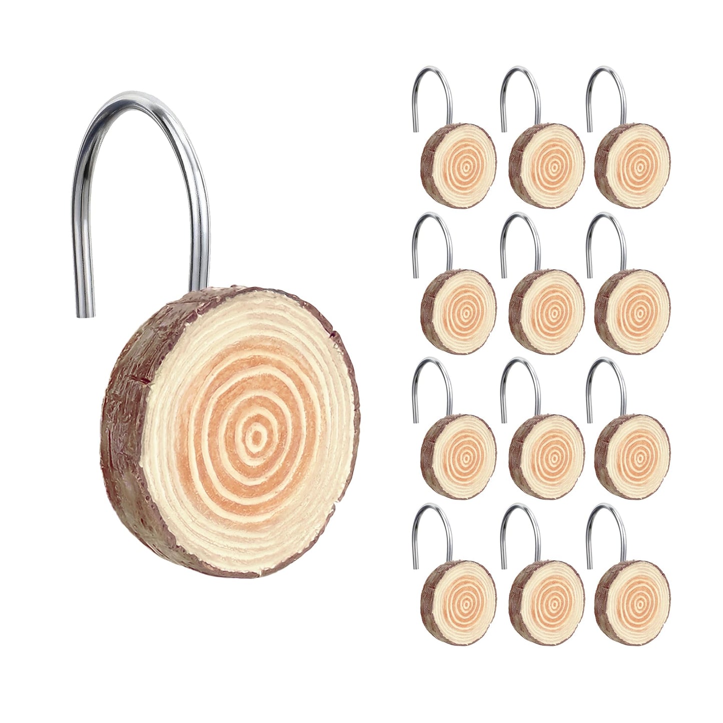 Sunlit Farmhouse Wooden Slices Shower Curtain Hooks, Rustic Home Decorative Shower Curtain Rings with Black Hooks for Bathroom, Resin Shower Curtain Hangers Bathroom Accessories, Set of 12