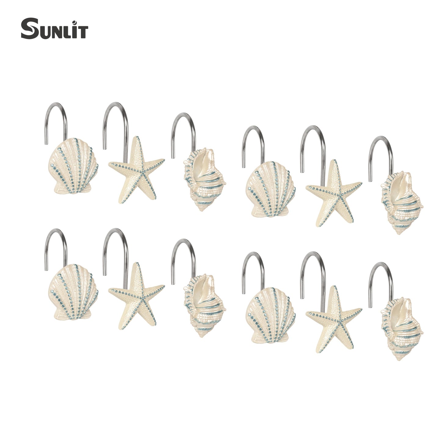 Sunlit Seashells Decorative Shower Curtain Hooks, Scallop Nautilus & Seahorse Shower Curtain Rings, Seashell Blush, Resin, Nautical Bathroom Decoration Beach Shower Curtain Hooks-12 Pack