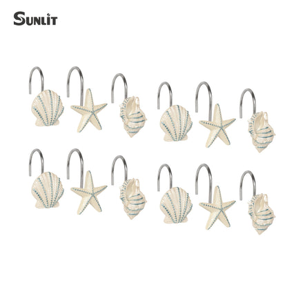 Sunlit Seashells Decorative Shower Curtain Hooks, Scallop Nautilus & Seahorse Shower Curtain Rings, Seashell Blush, Resin, Nautical Bathroom Decoration Beach Shower Curtain Hooks-12 Pack
