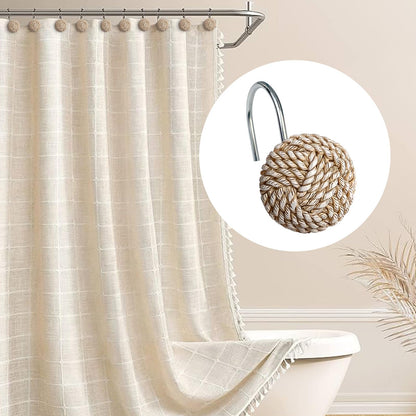 Sunlit Boho Knots Double Shower Curtain Hooks, Home Decorative White Shower Curtain Rings for Bathroom, Seaside Nautical Shower Curtain Hangers Bathroom Accessories, Set of 12