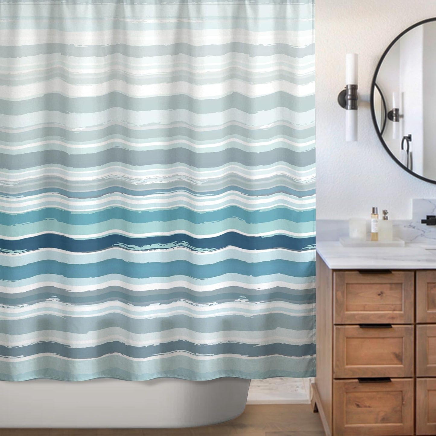Sunlit Sunset Ombre Striped Shower Curtain, Blue and Orange Textured Slubbed Fabric Shower Curtain for Bathroom Decoration, Gradient Stripe Bathroom Curtain, 72x72