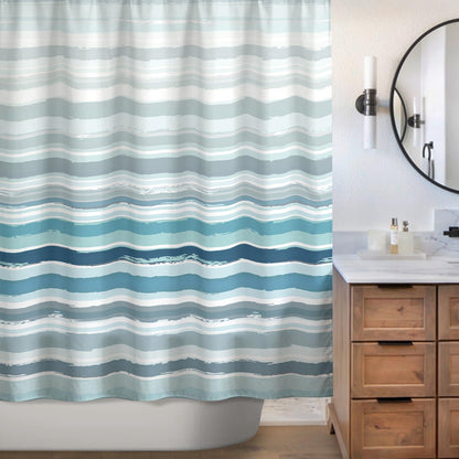 Sunlit Sunset Ombre Striped Shower Curtain, Blue and Orange Textured Slubbed Fabric Shower Curtain for Bathroom Decoration, Gradient Stripe Bathroom Curtain, 72x72