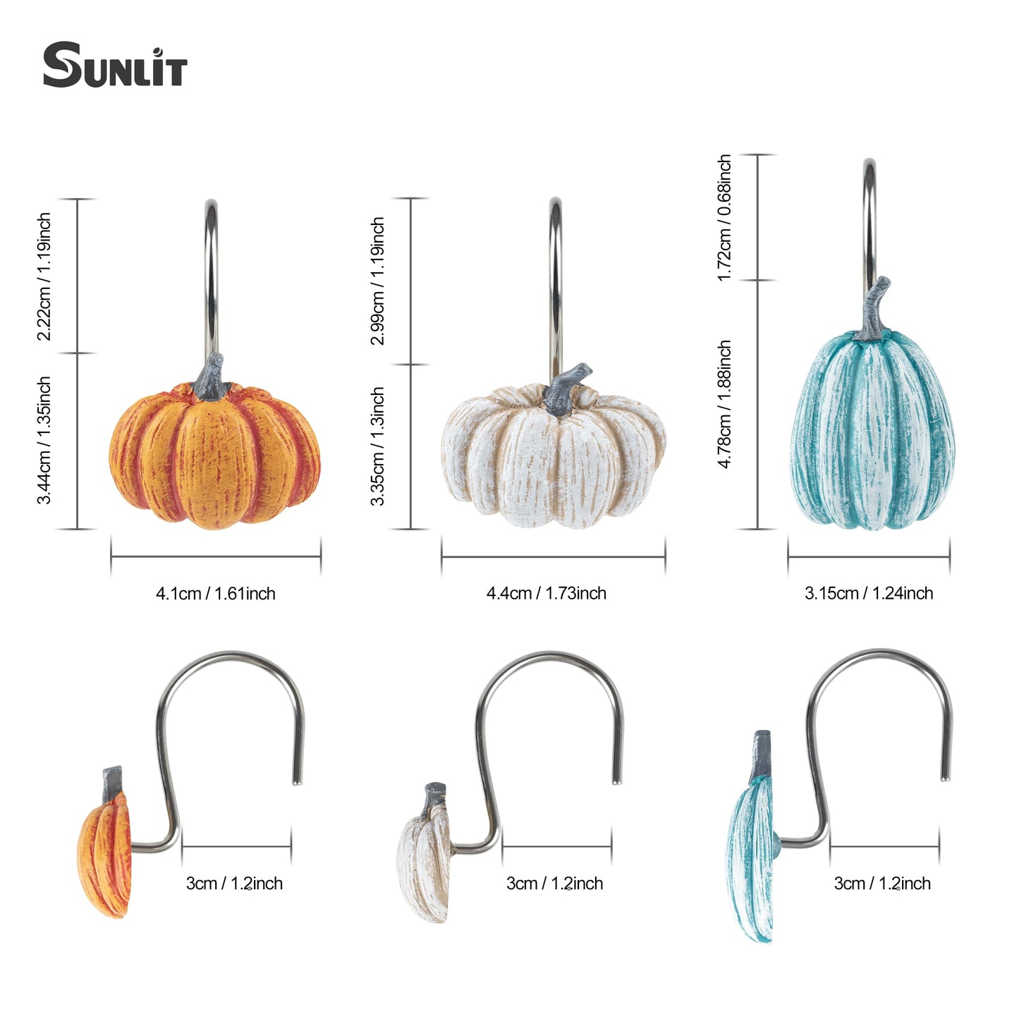 Sunlit Fall Pumpkin Decorative Shower Curtain Hooks, Autumn Harvest Festival Shower Curtain Rings, Resin, Orange Farmhouse Bathroom Curtain Hangers Decoration, Set of 12