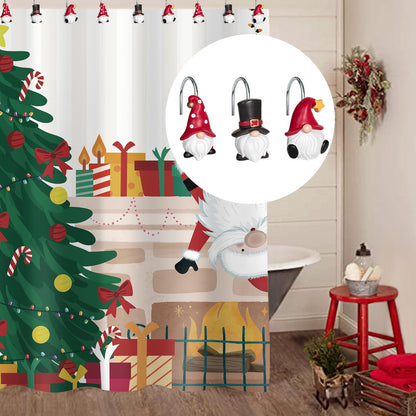 Sunlit Christmas Shower Curtain Hooks, Gnome Shower Curtain Rings, Hand Painted Resin Christmas Decor, Winter Bathroom Decoration, Red Hat with White Polka Dot, Set of 12