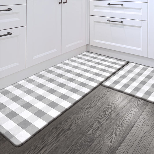 Sunlit Set of 2 Anti Fatigue Kitchen Floor Mat, Non Slip Waterproof Comfort Standing Mat, 0.4 Inch Thick Cushioned Farmhouse Kitchen Rug Runner, White Red Buffalo Check (17"x28"&17"x47")