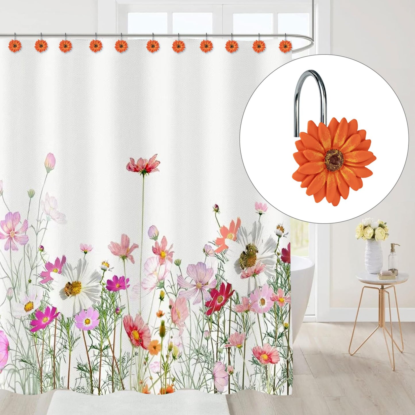 Sunlit Green Daisy Shower Curtain Hooks, Home Decorative Shower Curtain Rings for Bathroom, Resin, Summer Floral Shower Curtain Hanger Hooks for Living Room, Set of 12