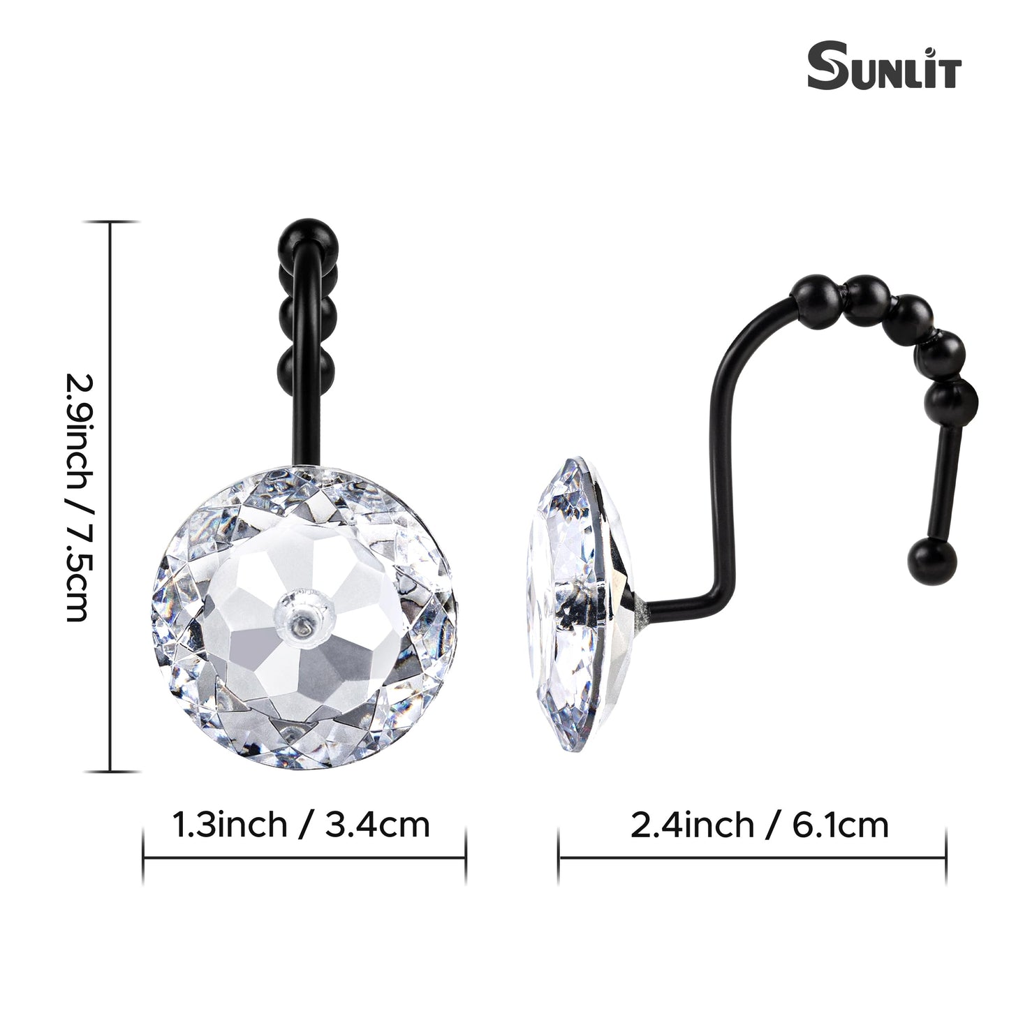 Sunlit Luxury Design Round Clear Diamond Crystal Gem Bling with Glide Balls Double Shower Curtain Hooks, Rust Proof Metal Rhinestones Glam Shower Curtain Rings-12 Pack