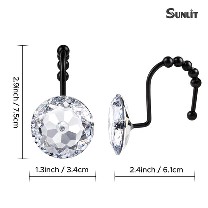 Sunlit Luxury Design Round Yellow Diamond Crystal Gem Bling with Glide Balls Shower Curtain Hooks, Rust Proof Metal Rhinestones Glam Shower Curtain Rings-12 Pack