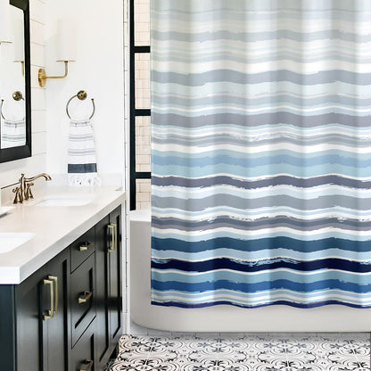 Sunlit Sunset Ombre Striped Shower Curtain, Blue and Orange Textured Slubbed Fabric Shower Curtain for Bathroom Decoration, Gradient Stripe Bathroom Curtain, 72x72