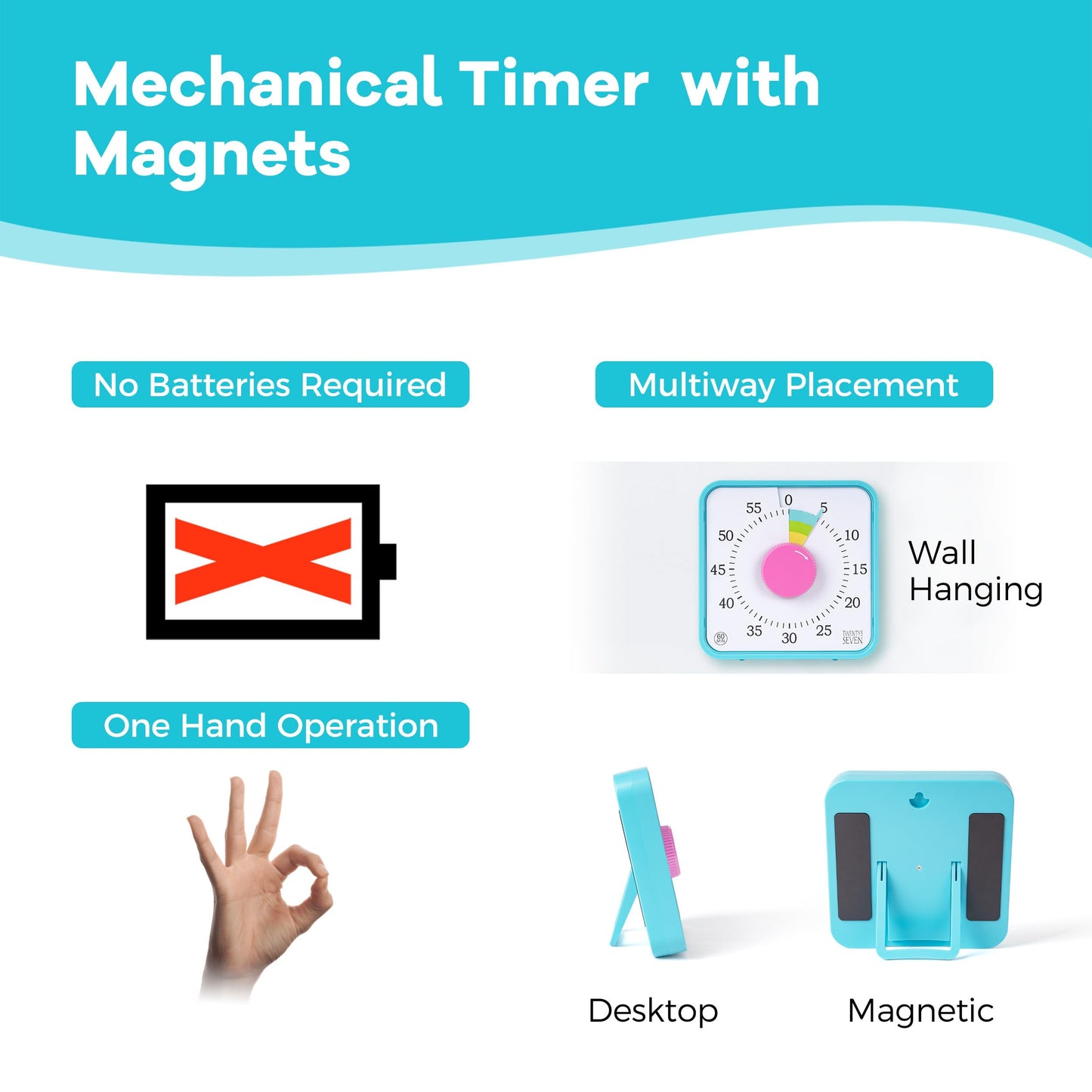 TWENTY5 SEVEN Countdown Timer 7.5 inch; 60 Minute 1 Hour Visual Timer – Classroom Teaching Tool Office Meeting, Mechanical Countdown Clock for Kids Exam Time Management Magnetic, Sky Blue